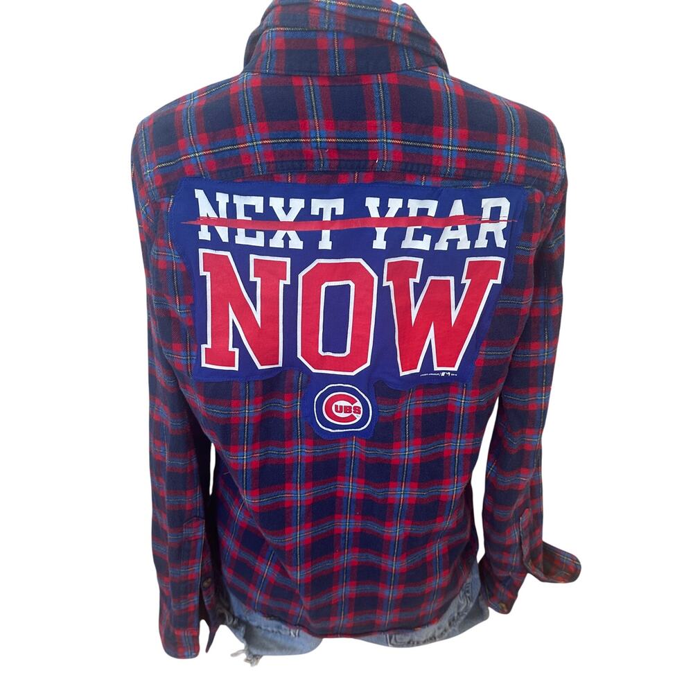 Chicago Cubs Baseball Plaid Flannel Shirt MEDIUM Oversized Unique Upcycled